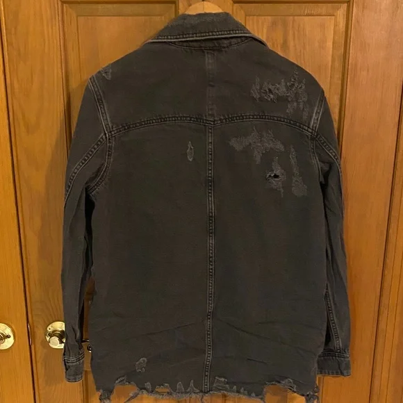 Free People Black Distressed Denim Shirt Jacket Moonchild XL - Picture 6 of 6